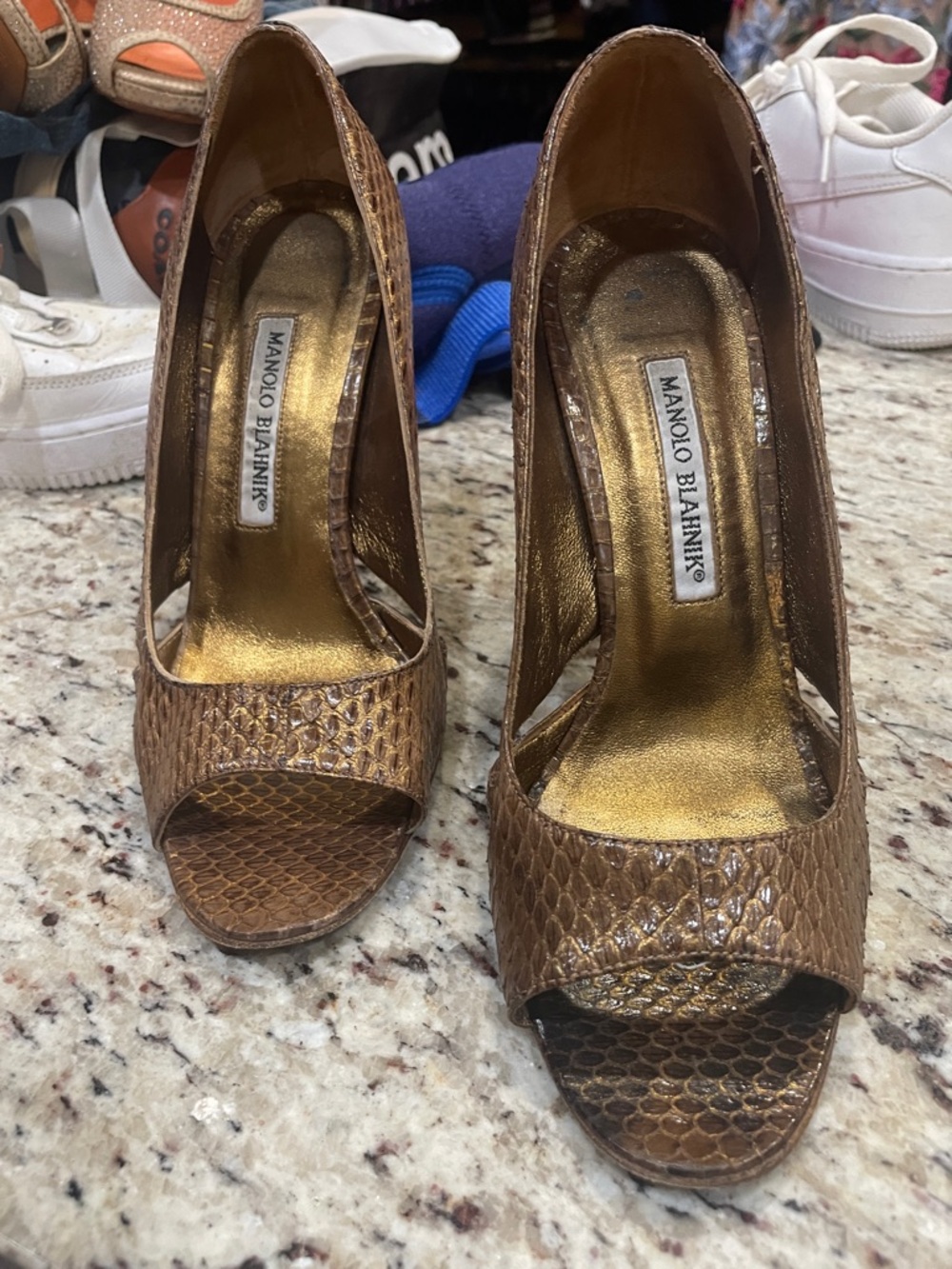 Manolo Blahnik Metallic Brown Snakeskin Peep-Toe Pumps